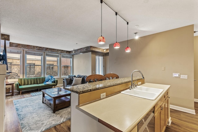 kitchen with pendant lighting, dark hardwood / wood-style floors, a center island with sink, and sink