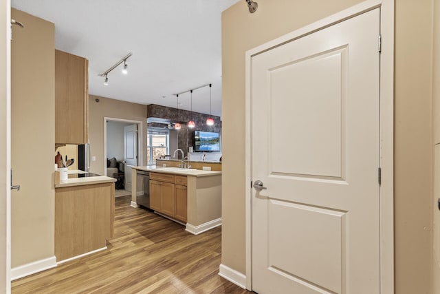 kitchen featuring dishwasher, hanging light fixtures, track lighting, light brown cabinetry, and light wood-type flooring