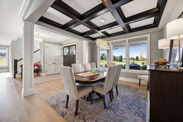 3175 Tuckborough Trl, Medina, MN 55356 - dining room featuring a chandelier, light wood-style flooring, stairs, coffered ceiling, and beam ceiling