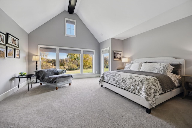 3175 Tuckborough Trl, Medina, MN 55356 - bedroom featuring high vaulted ceiling, carpet flooring, and beam ceiling