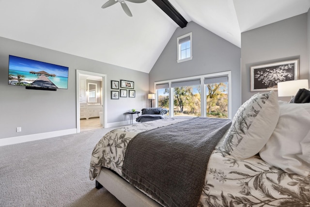 3175 Tuckborough Trl, Medina, MN 55356 - carpeted bedroom featuring beam ceiling, high vaulted ceiling, ensuite bath, and ceiling fan