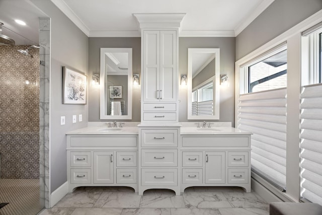 3175 Tuckborough Trl, Medina, MN 55356 - bathroom featuring double vanity, a shower stall, marble finish floors, and ornamental molding