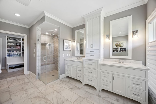 3175 Tuckborough Trl, Medina, MN 55356 - full bathroom with double vanity, a shower stall, marble look tile flooring, ornamental molding, and recessed lighting