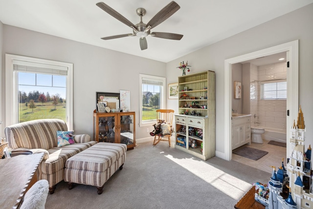 3175 Tuckborough Trl, Medina, MN 55356 - living room with a ceiling fan and light colored carpet