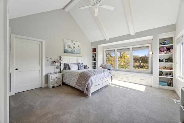 3175 Tuckborough Trl, Medina, MN 55356 - bedroom with high vaulted ceiling, light colored carpet, beam ceiling, and a ceiling fan