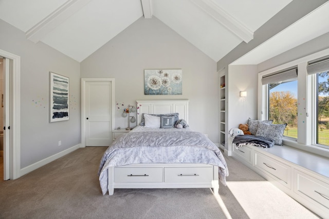 3175 Tuckborough Trl, Medina, MN 55356 - bedroom with light carpet, beam ceiling, and high vaulted ceiling