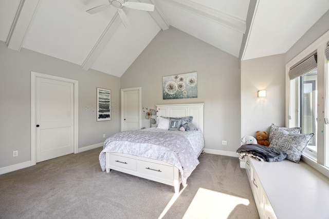 3175 Tuckborough Trl, Medina, MN 55356 - bedroom with beamed ceiling, light colored carpet, high vaulted ceiling, and ceiling fan