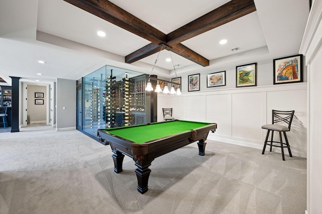 3175 Tuckborough Trl, Medina, MN 55356 - playroom featuring carpet floors, billiards, a decorative wall, beam ceiling, and coffered ceiling