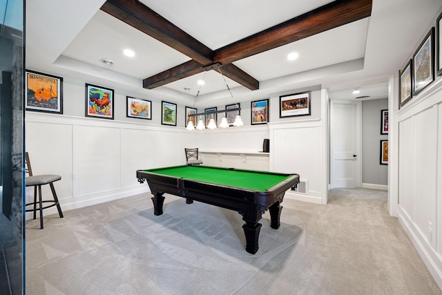 3175 Tuckborough Trl, Medina, MN 55356 - playroom with a decorative wall, light colored carpet, coffered ceiling, beam ceiling, and billiards table