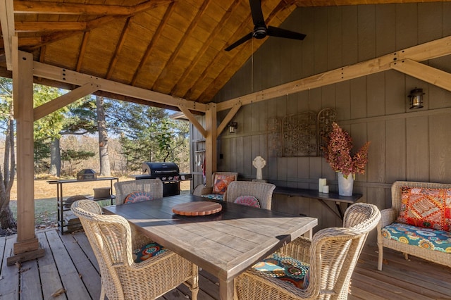 deck with a gazebo, area for grilling, and ceiling fan