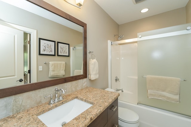 full bathroom with recessed lighting, vanity, bathing tub / shower combination, toilet, and backsplash