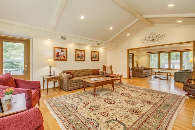 1755 Glenview Ave, Arden Hills, MN 55112 - living room featuring plenty of natural light, beam ceiling, light wood finished floors, high vaulted ceiling, and recessed lighting