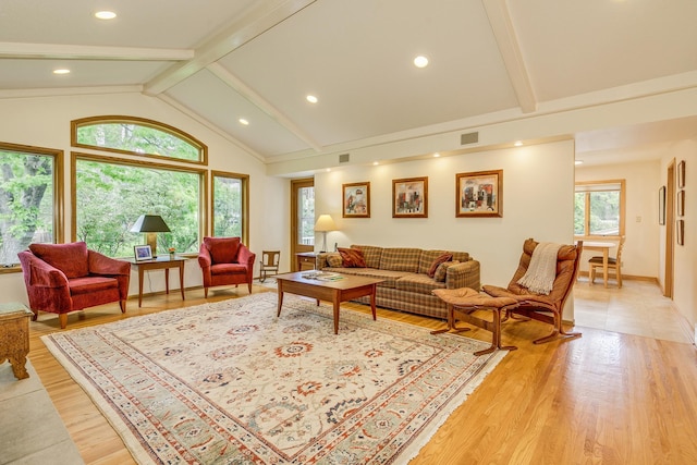 1755 Glenview Ave, Arden Hills, MN 55112 - living area featuring beam ceiling, light wood-type flooring, high vaulted ceiling, and recessed lighting