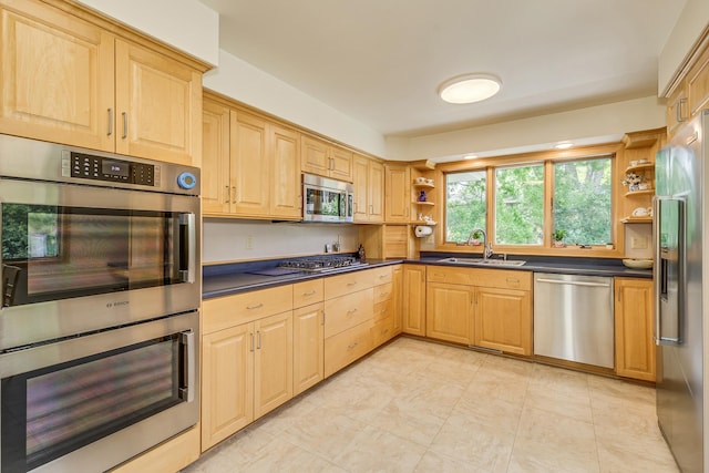 1755 Glenview Ave, Arden Hills, MN 55112 - kitchen with stainless steel appliances, open shelves, a sink, and dark countertops