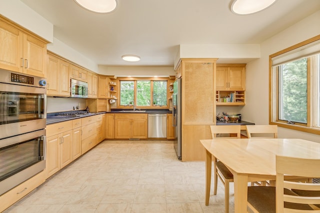 1755 Glenview Ave, Arden Hills, MN 55112 - kitchen featuring stainless steel appliances, open shelves, and light brown cabinetry