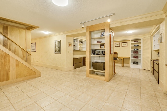 1755 Glenview Ave, Arden Hills, MN 55112 - basement with ornamental molding, stairs, light tile patterned floors, a textured ceiling, and built in shelves