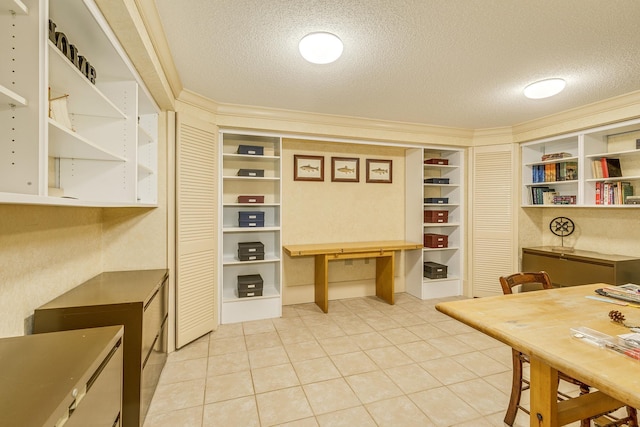 1755 Glenview Ave, Arden Hills, MN 55112 - kitchen featuring a textured ceiling, light tile patterned flooring, and crown molding