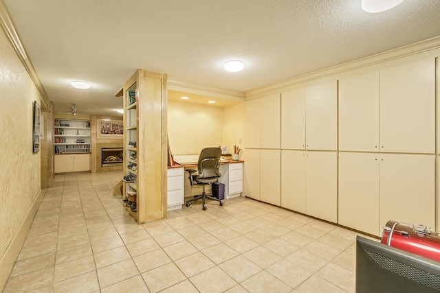 1755 Glenview Ave, Arden Hills, MN 55112 - home office with ornamental molding, a textured ceiling, light tile patterned floors, and a fireplace