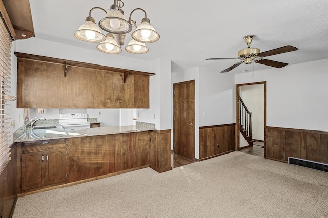 kitchen with sink, wood walls, electric stove, light colored carpet, and light stone countertops