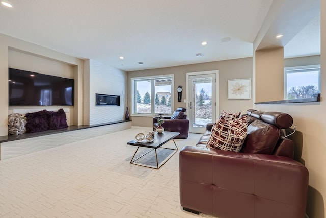 living room featuring light colored carpet