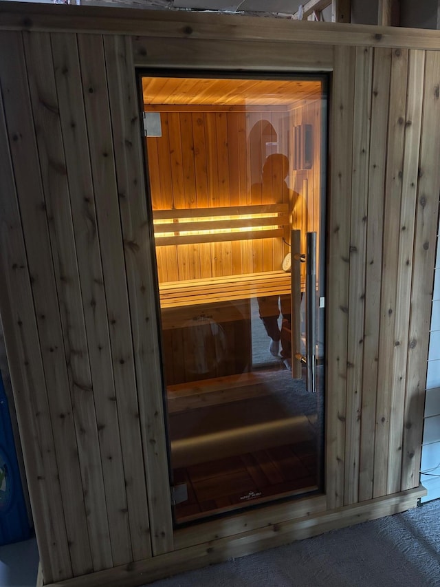 view of sauna with carpet flooring