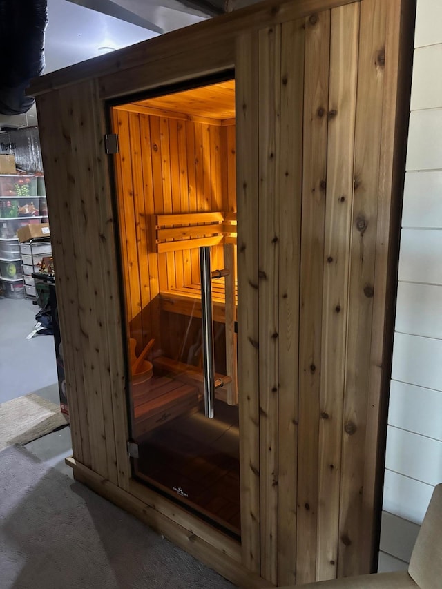 view of sauna / steam room with carpet