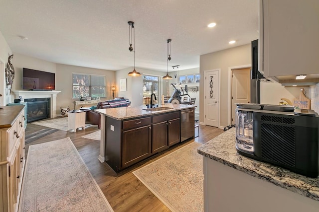 kitchen featuring dark hardwood / wood-style flooring, stainless steel dishwasher, dark brown cabinetry, sink, and decorative light fixtures