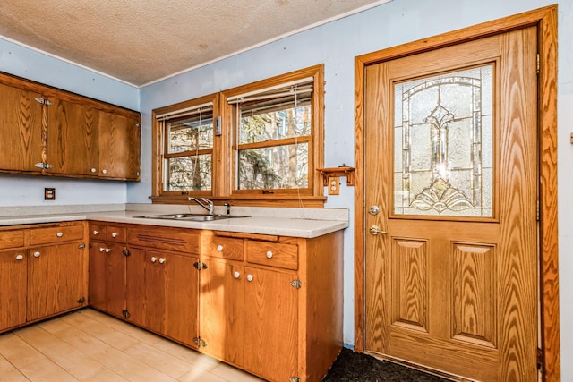 kitchen with a textured ceiling and sink