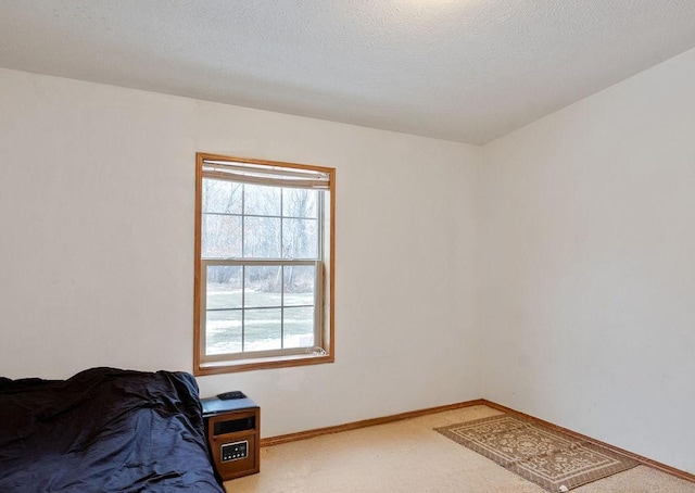 carpeted bedroom with a textured ceiling