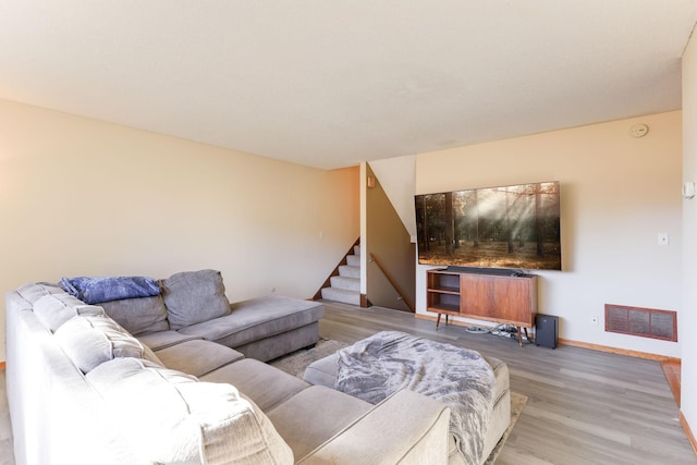 living room with a fireplace and wood-type flooring