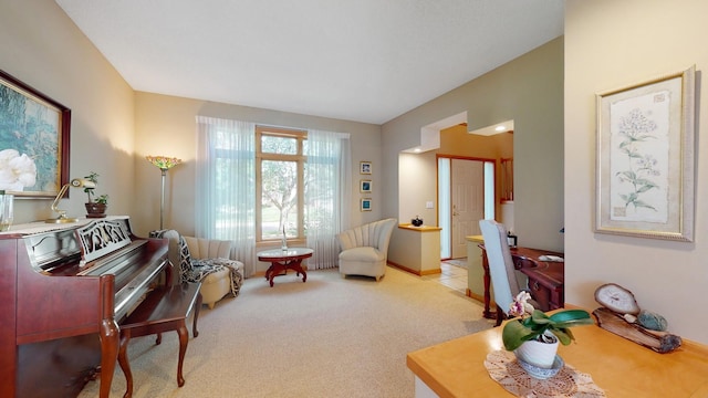 living area featuring light colored carpet