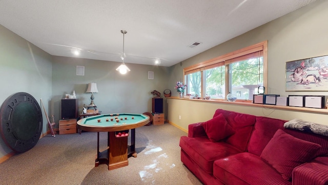 game room featuring visible vents, carpet flooring, and baseboards