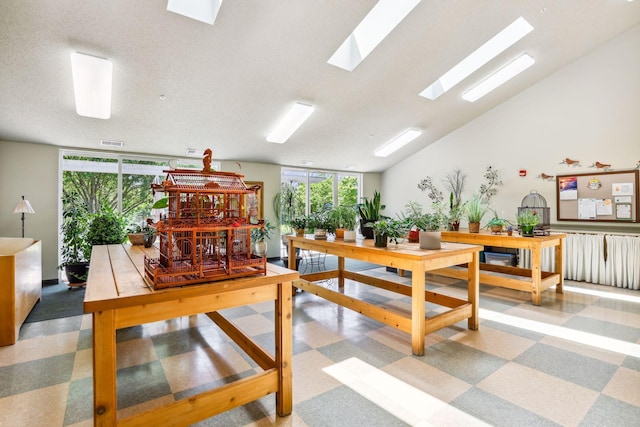 interior space with floor to ceiling windows, a skylight, and a textured ceiling