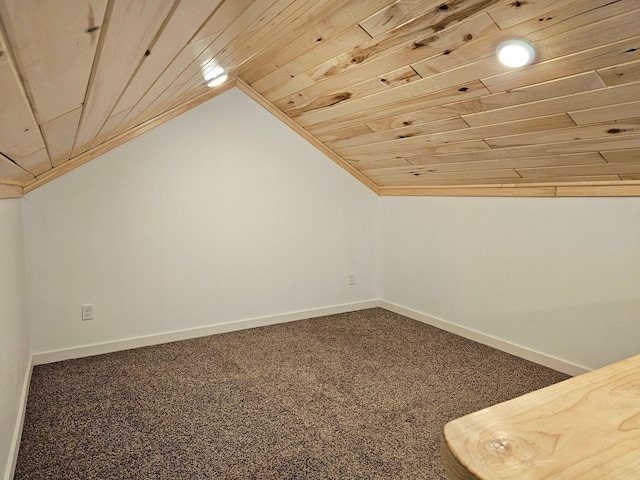 bonus room with carpet floors, wood ceiling, and vaulted ceiling