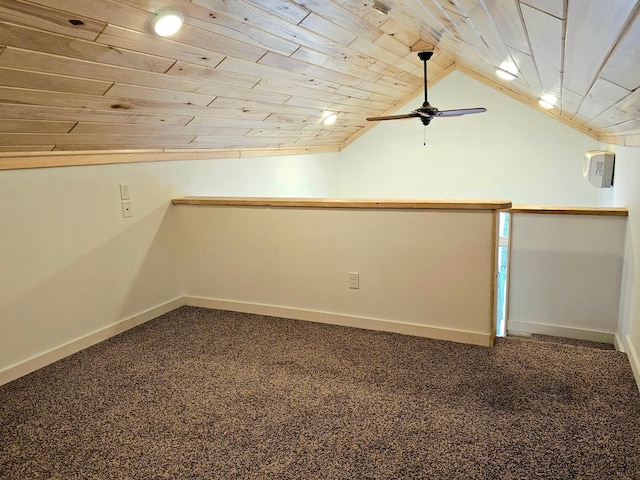 additional living space with ceiling fan, wooden ceiling, lofted ceiling, and carpet flooring