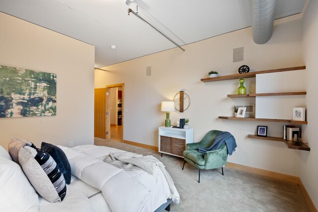 bedroom with light colored carpet