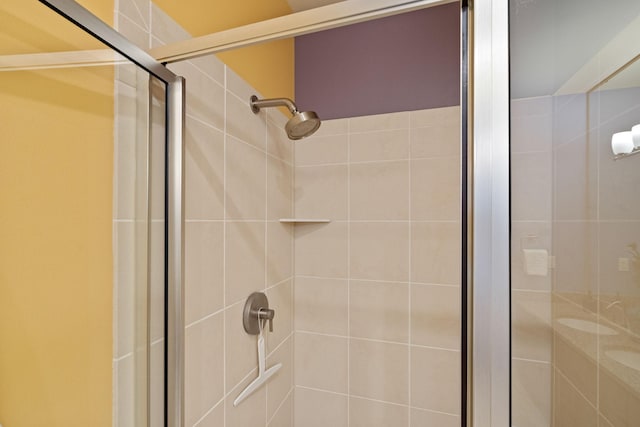 bathroom featuring a shower with shower door