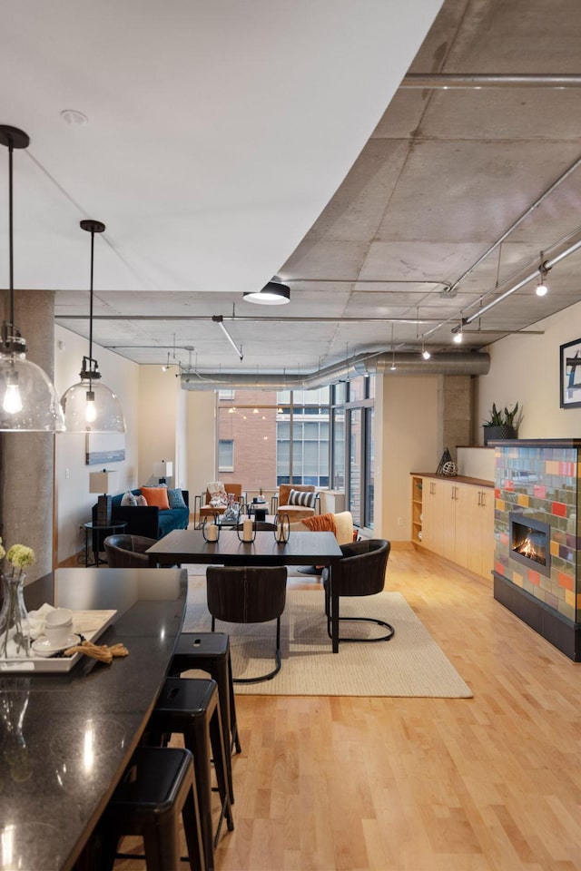 dining space featuring track lighting and wood-type flooring