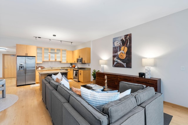 living room with light wood-type flooring and sink