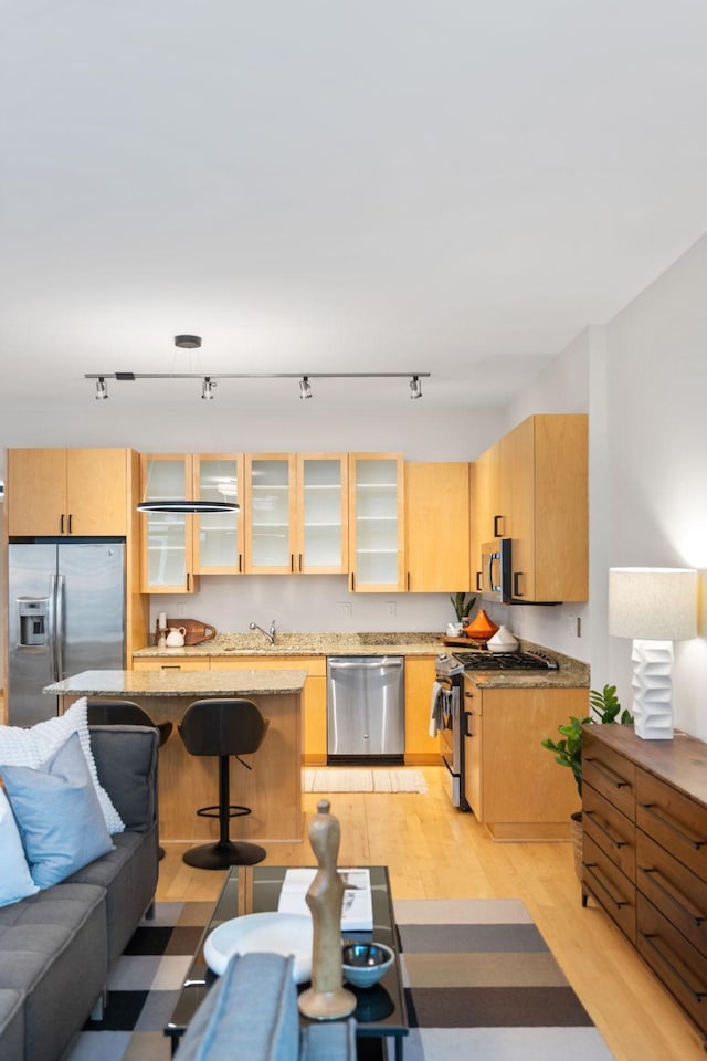 kitchen with a kitchen bar, light brown cabinetry, light hardwood / wood-style flooring, and appliances with stainless steel finishes