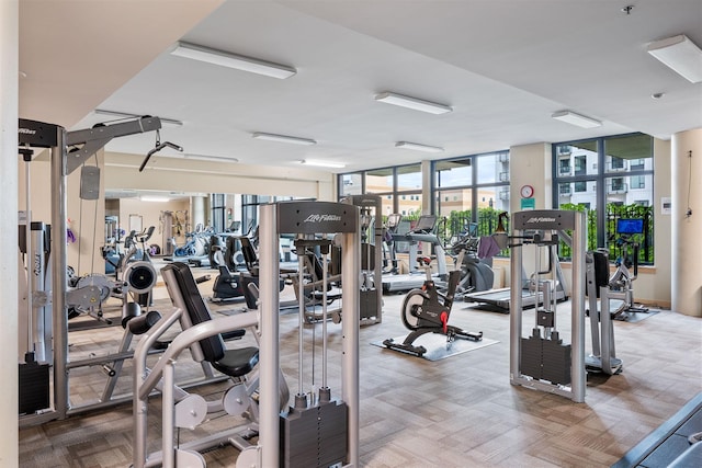 workout area featuring carpet floors and a wall of windows