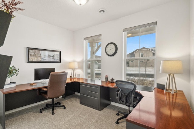 home office with light carpet and a wealth of natural light