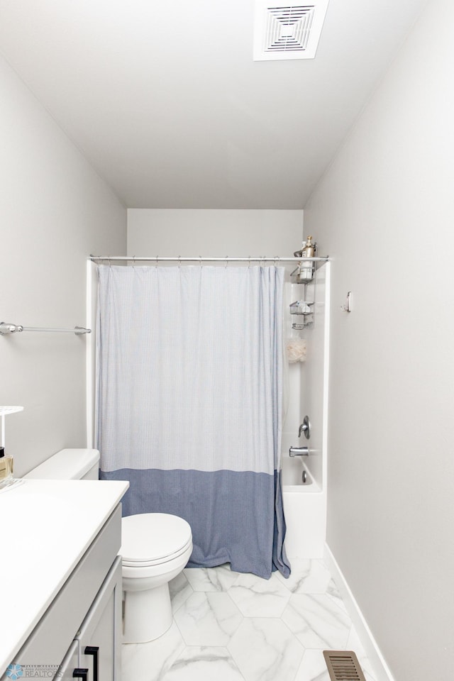 full bathroom with shower / bath combination with curtain, toilet, and vanity