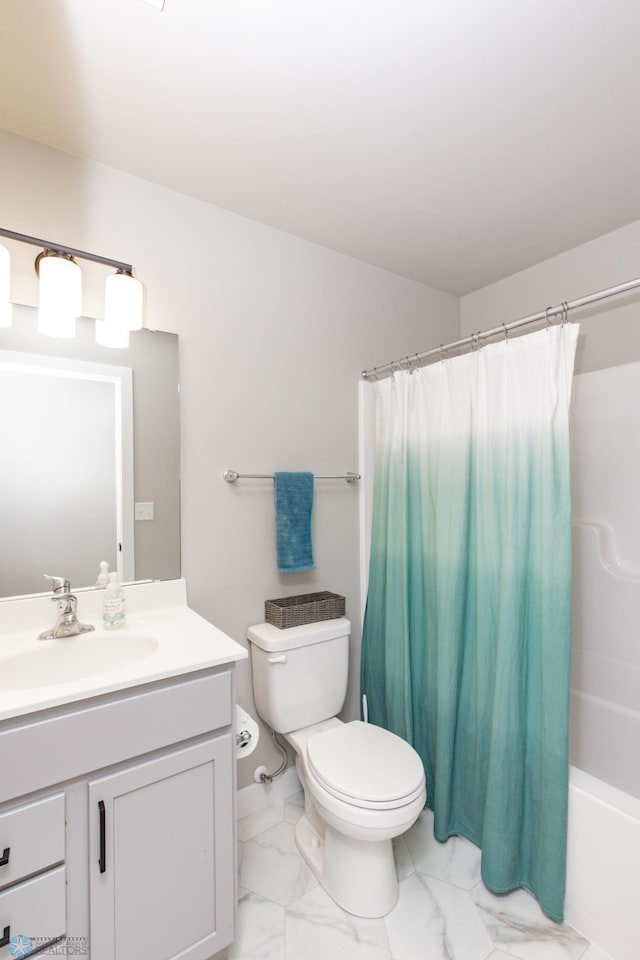 full bathroom with vanity, toilet, and shower / bathtub combination with curtain