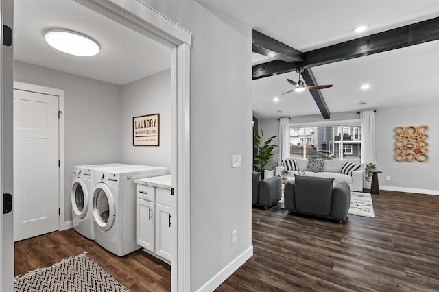 laundry room with ceiling fan, dark hardwood / wood-style flooring, and washer and dryer