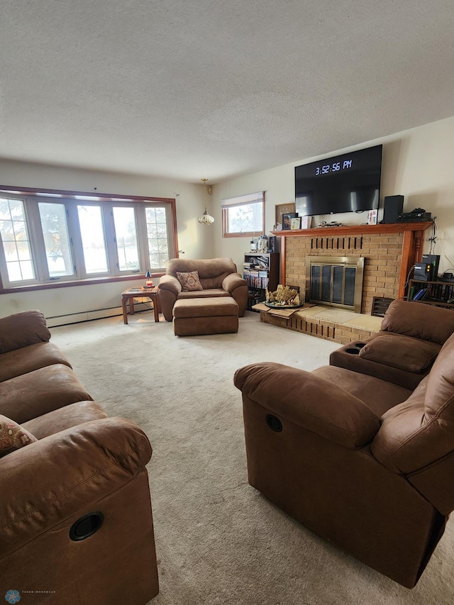 carpeted living room featuring a baseboard heating unit, a brick fireplace, and a textured ceiling