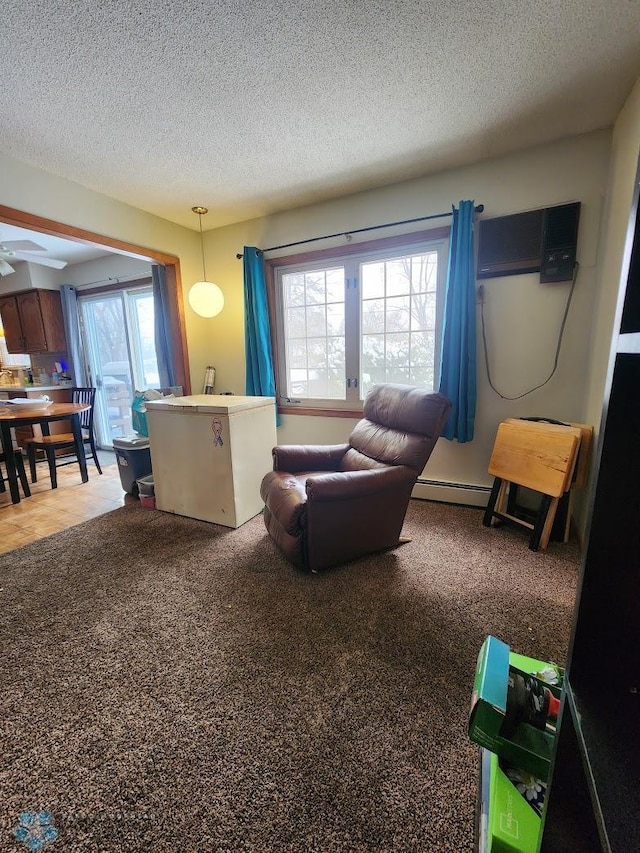 living room featuring a baseboard radiator, a wall unit AC, carpet, ceiling fan, and a textured ceiling