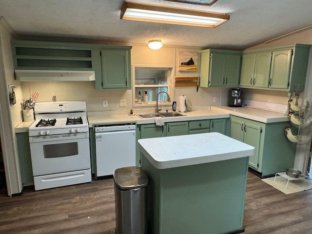 66156 County Road 132, Northome, MN 56661 - kitchen featuring white appliances, dark wood-type flooring, sink, green cabinetry, and lofted ceiling