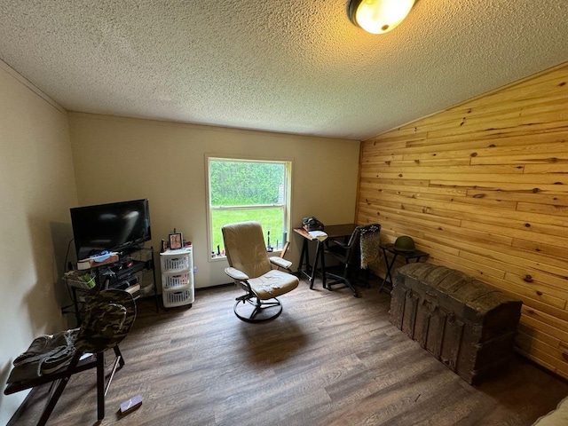 66156 County Road 132, Northome, MN 56661 - living area featuring hardwood / wood-style flooring, a textured ceiling, wooden walls, and vaulted ceiling