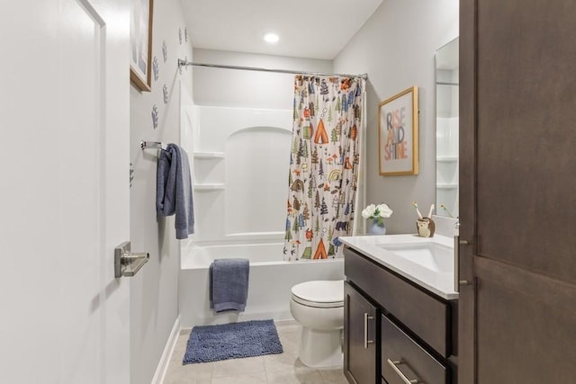 full bathroom featuring tile patterned floors, shower / bath combination with curtain, toilet, and vanity